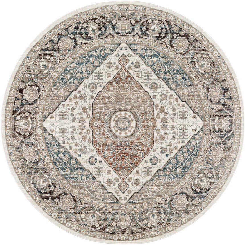 Round Baychester Area Rug - Clearance with traditional floral pattern in cream, denim, brown, and ivory. Design-Round-53
