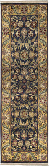 Close-up of the Bays Area Carpet runner. Features a traditional floral pattern in ink blue, amber, and brick red tones. Design-Runner-268