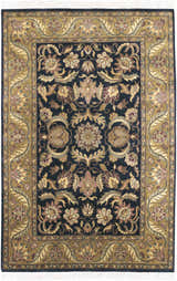 Close-up of the hand-knotted Bays Area Carpet. Traditional floral design with amber, brick red, brown, and ink blue tones. Design-Rectangle-5686