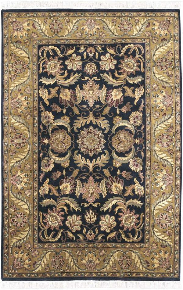 Close-up of the hand-knotted Bays Area Carpet. Traditional floral design with amber, brick red, brown, and ink blue tones. Design-Rectangle-5686