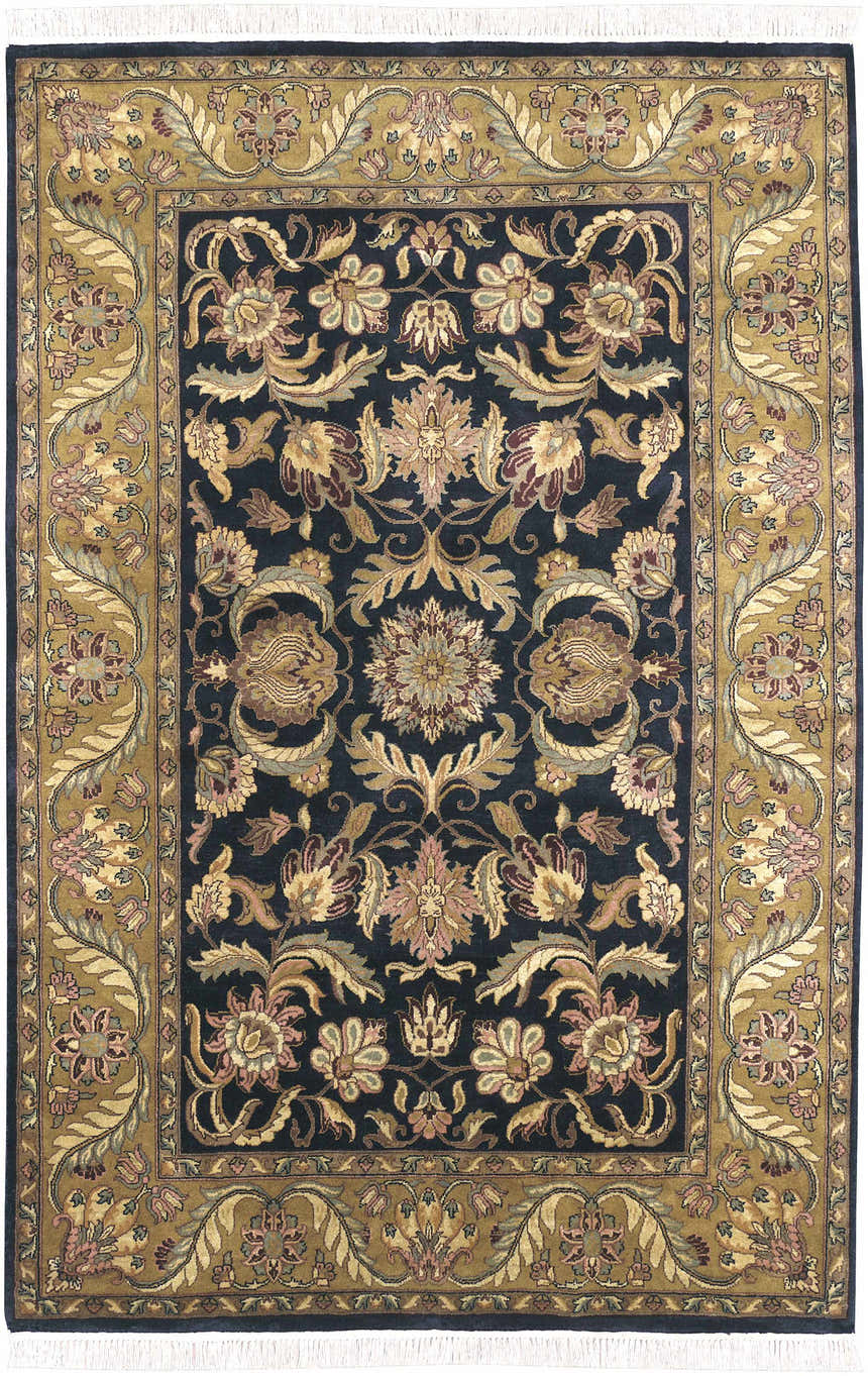Close-up of the hand-knotted Bays Area Carpet. Traditional floral design with amber, brick red, brown, and ink blue tones. Design-Rectangle-5686