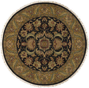 Close-up of round Bays Area Carpet. Traditional floral pattern in amber, brown, brick red, and ink blue. Hand-knotted wool rug. Design-Round