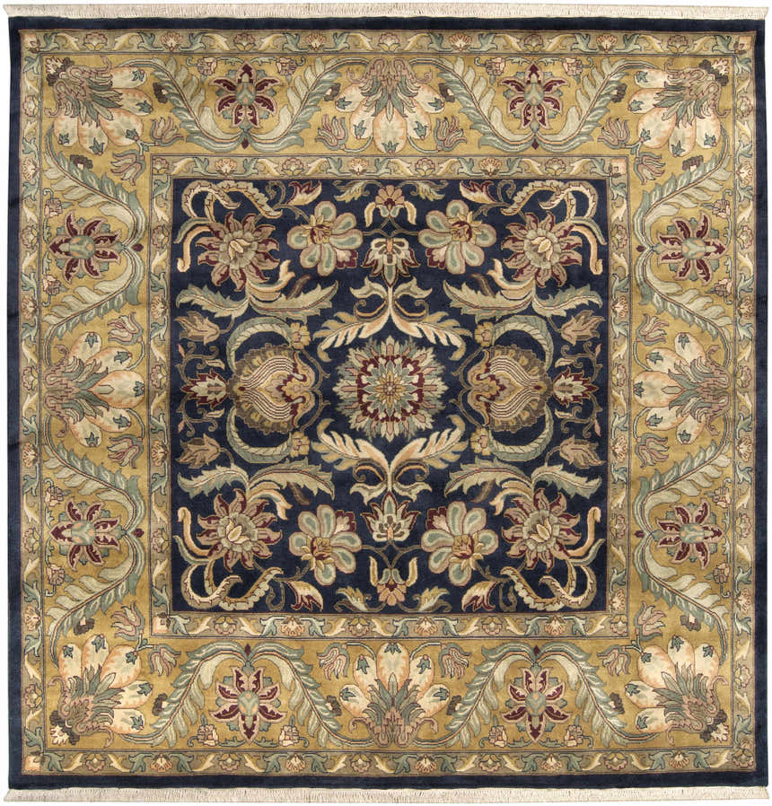 Bays Area Carpet, a hand-knotted wool rug with traditional floral patterns in amber, ink blue, and olive. Design-Square-8