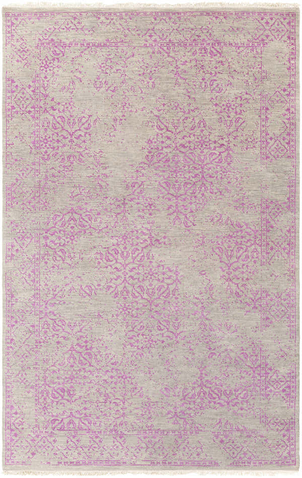 Close-up of the hand-knotted Buckland Area Carpet. Fuchsia floral pattern on a gray wool rug. Farmhouse, traditional style. Design-Rectangle-5686