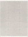 Close-up of the Bealeton Area Rug. Cream geometric diamond pattern on a slate gray, hand-woven cotton rug. Design-Rectangle-810