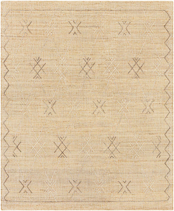 Close-up of the Beatrice Area Rug, a hand-woven jute rug with a beige, gray, and off-white geometric diamond pattern. Design-Rectangle-810
