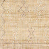 Close-up of the hand woven Beatrice Area Rug. Beige jute rug with gray and off white geometric pattern. Farmhouse style. Swatch