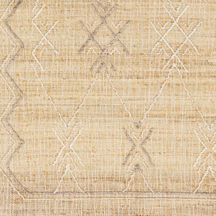 Close-up of the hand woven Beatrice Area Rug. Beige jute rug with gray and off white geometric pattern. Farmhouse style. Swatch