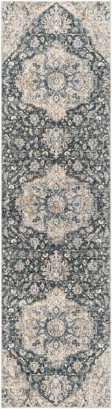 Close-up of the Beaudesert Luxe Fringe Rug. Traditional oriental pattern in blue, camel, charcoal, and gray tones. Design-Runner-2710
