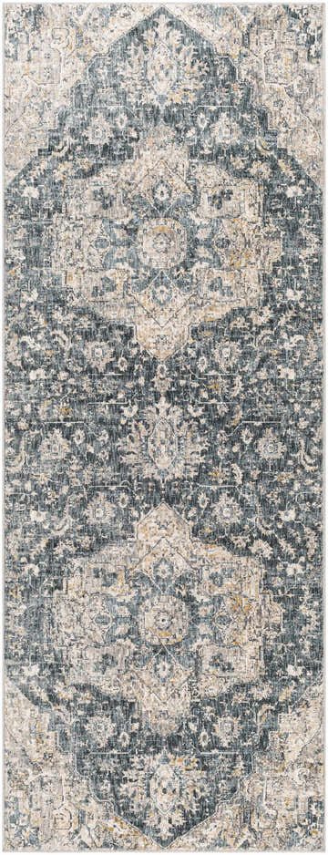 Close-up of the Beaudesert Luxe Fringe Rug. Traditional oriental rug pattern in blue, camel, charcoal, and gray tones. Design-Runner-2773