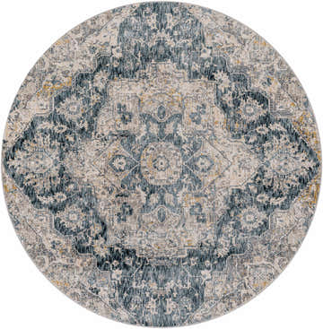Round Beaudesert Luxe Fringe Rug with a traditional oriental pattern in blue, camel, charcoal, and gray tones. Design-Round-53