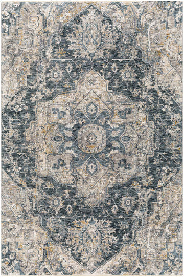 Detailed texture of the Beaudesert Luxe Fringe Rug. Blue, camel, and charcoal oriental rug pattern. Design-Rectangle-575