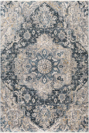 Close-up of the Beaudesert Luxe Fringe Rug, featuring a traditional oriental pattern in blue, camel, and charcoal hues. Design-Rectangle-6796
