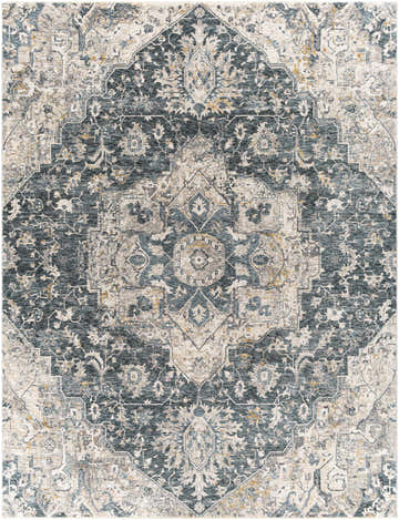 Detailed view of the Beaudesert Luxe Fringe Rug, showcasing its blue, camel, and charcoal oriental-inspired pattern. Design-Rectangle-710103