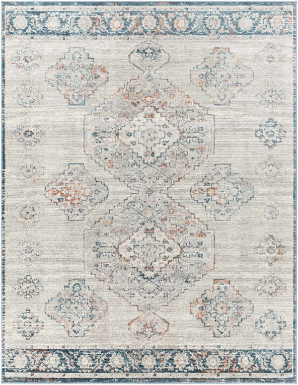 Close-up of the Becuh Area Rug. Bohemian style rug in brick red, cream, dusty coral, gray, light gray, pale blue, and teal. Design-Rectangle-710103