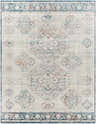 Close-up of the Becuh Area Rug. Bohemian style rug in brick red, cream, dusty coral, gray, light gray, pale blue, and teal. Design-Rectangle-710103