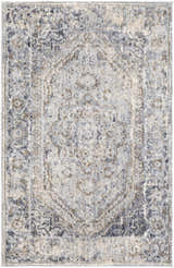 Close-up of the Beebe Luxe Machine Area Rug with a traditional, distressed design in ivory, gray, brown, and black tones. Design-Rectangle-23