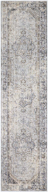 Close-up of the Beebe Luxe Machine Area Rug. Features a traditional, distressed design in ivory, gray, and brown tones. Design-Runner-2710