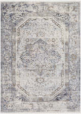 Close-up of the Beebe Luxe Machine Area Rug, showcasing its traditional, light slate, brown, and ivory oriental pattern. Design-Rectangle-5710