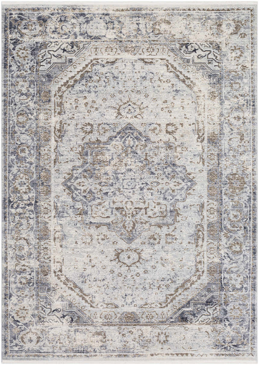 Close-up of the Beebe Luxe Machine Area Rug, showcasing its traditional, light slate, brown, and ivory oriental pattern. Design-Rectangle-5710