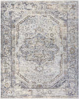 Close-up of the Beebe Luxe Machine Area Rug. Features a traditional oriental pattern in light slate, ivory, and brown tones. Design-Rectangle-710103