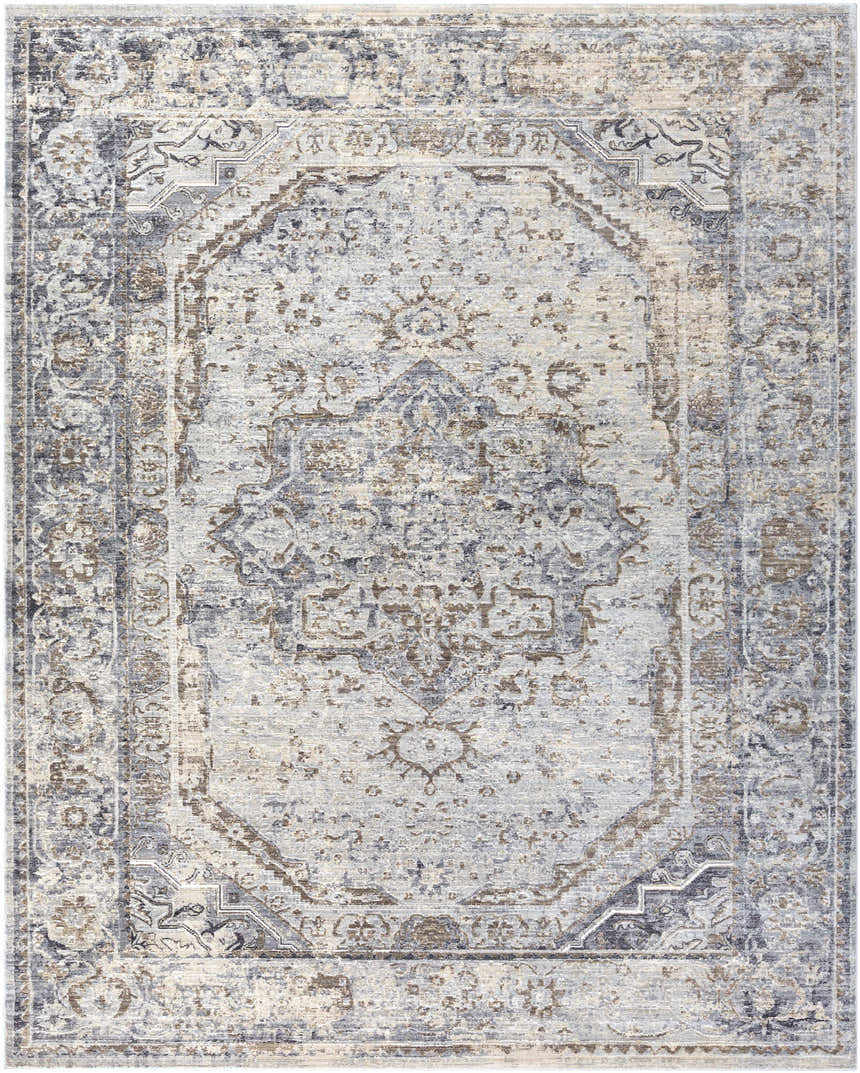Close-up of the Beebe Luxe Machine Area Rug. Features a traditional oriental pattern in light slate, ivory, and brown tones. Design-Rectangle-710103