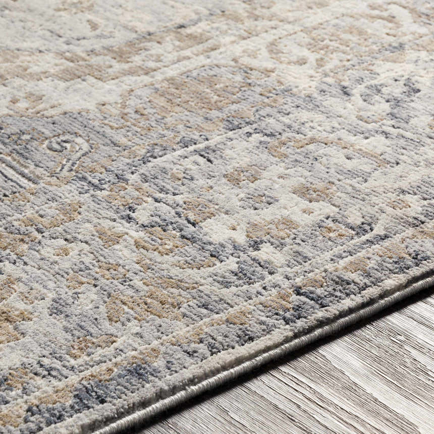 Close-up of the Beebe Luxe Machine Area Rug showing its gray, ivory, and brown traditional pattern and soft texture. Texture