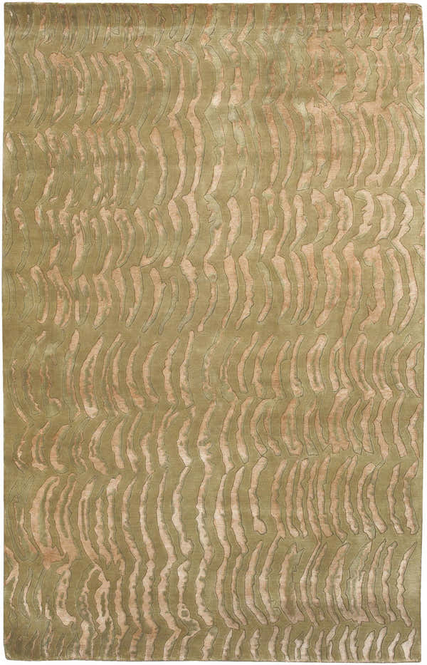 Close-up of the Belgrade Area Carpet, a hand-knotted wool rug with a contemporary beige and camel wave pattern. Design-Rectangle-58
