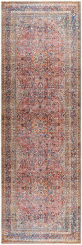 Close-up of the Belison Washable Area Rug. Traditional rug design in red, orange, and blue hues with a detailed floral pattern. Design-Runner-27710