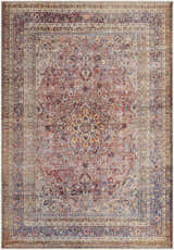 Close-up of the Belison Washable Area Rug. Traditional style rug with floral patterns in red, blue, and beige tones. Design-Rectangle-5373