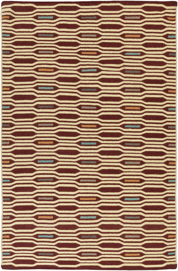 Close-up of the hand-woven Beltrami Area Rug. Contemporary design with aqua, cream, dark red, green, and rust colors. Design-Rectangle-58