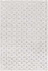 Close-up of the Belzoni Carpet. Hand-knotted viscose rug in cream, off-white, and light slate with a geometric pattern. Design-Rectangle-69