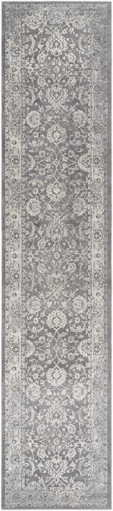 Detailed pattern of the Benavides Gray Updated Traditional Tibetan Rug in charcoal, gray, and ivory. Machine woven. Design-Runner-2712