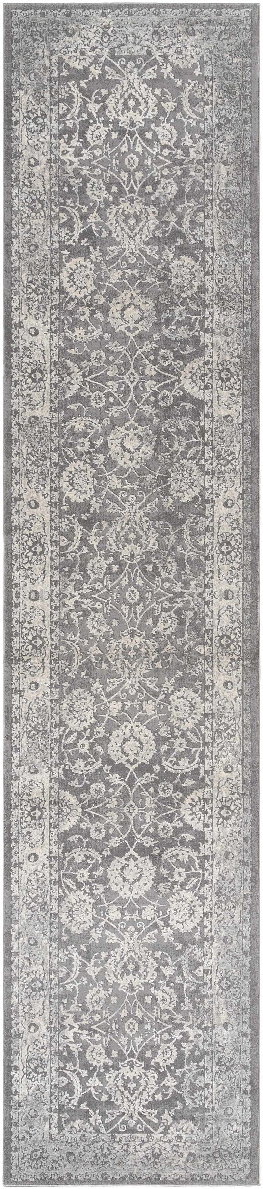 Detailed pattern of the Benavides Gray Updated Traditional Tibetan Rug in charcoal, gray, and ivory. Machine woven. Design-Runner-2712