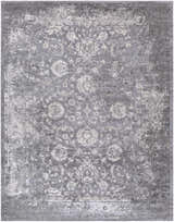 Detailed view of the Benavides Gray Updated Traditional Tibetan Rug with floral and vine pattern in charcoal, gray, and ivory. Design-Rectangle-710103
