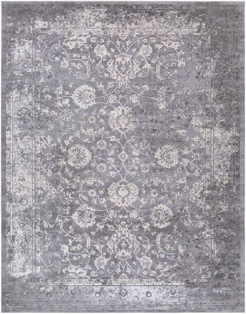 Detailed view of the Benavides Gray Updated Traditional Tibetan Rug with floral and vine pattern in charcoal, gray, and ivory. Design-Rectangle-710103