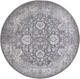 Close-up of a round Benavides Gray Updated Traditional Tibetan Rug with a floral pattern in charcoal, gray, and ivory. Design-Round-710