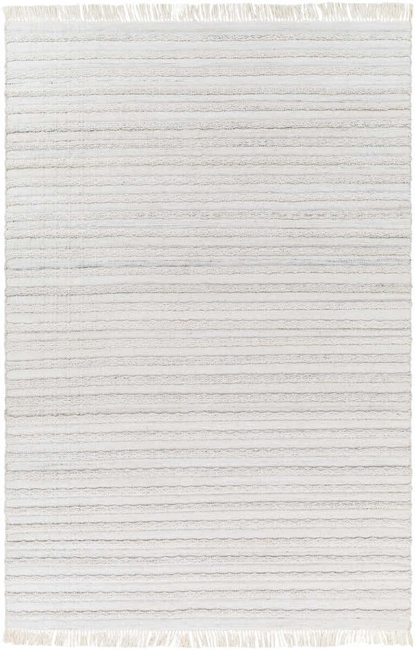 Close-up of the light gray Benek Area Rug. Hand-woven, geometric design with fringe. Made of 100% recycled PET yarn. Design-Rectangle-576