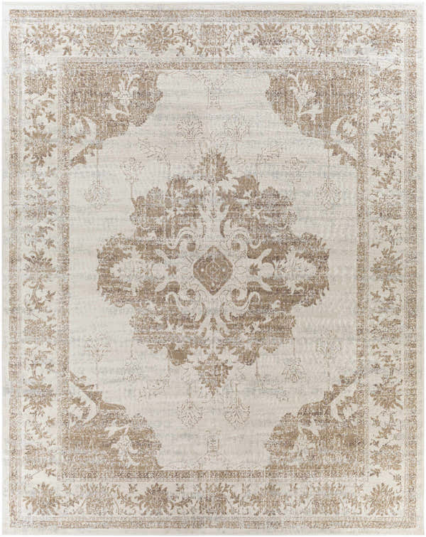 Close-up of the Benkelman Area Rug. Machine woven rug in gray, ivory, light slate, and tan with a traditional, oriental design. Design-Rectangle-71010