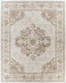 Close-up of the Benkelman Area Rug. Machine woven rug in gray, ivory, light slate, and tan with a traditional, oriental design. Design-Rectangle-71010