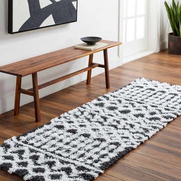 Hallway scene with a Bente Shag Area Rug runner in dark gray and white, wood bench, and modern art. Roomscene-Runner