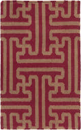 Close-up of Bentonville Area Carpet. Hand-woven wool rug with a geometric maze pattern in brick red and tan. Design-Rectangle-23