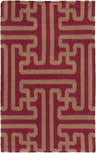 Close-up of Bentonville Area Carpet. Hand-woven wool rug with a geometric maze pattern in brick red and tan. Design-Rectangle-23
