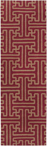 Close-up of the Bentonville Area Carpet. Brick red wool rug with tan geometric maze pattern. Hand woven texture. Design-Runner-268