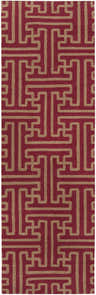 Close-up of the Bentonville Area Carpet. Brick red wool rug with tan geometric maze pattern. Hand woven texture. Design-Runner-268