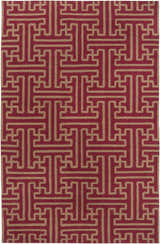 Bentonville Area Carpet, brick red wool rug with a tan geometric maze pattern, hand woven. Design-Rectangle-58