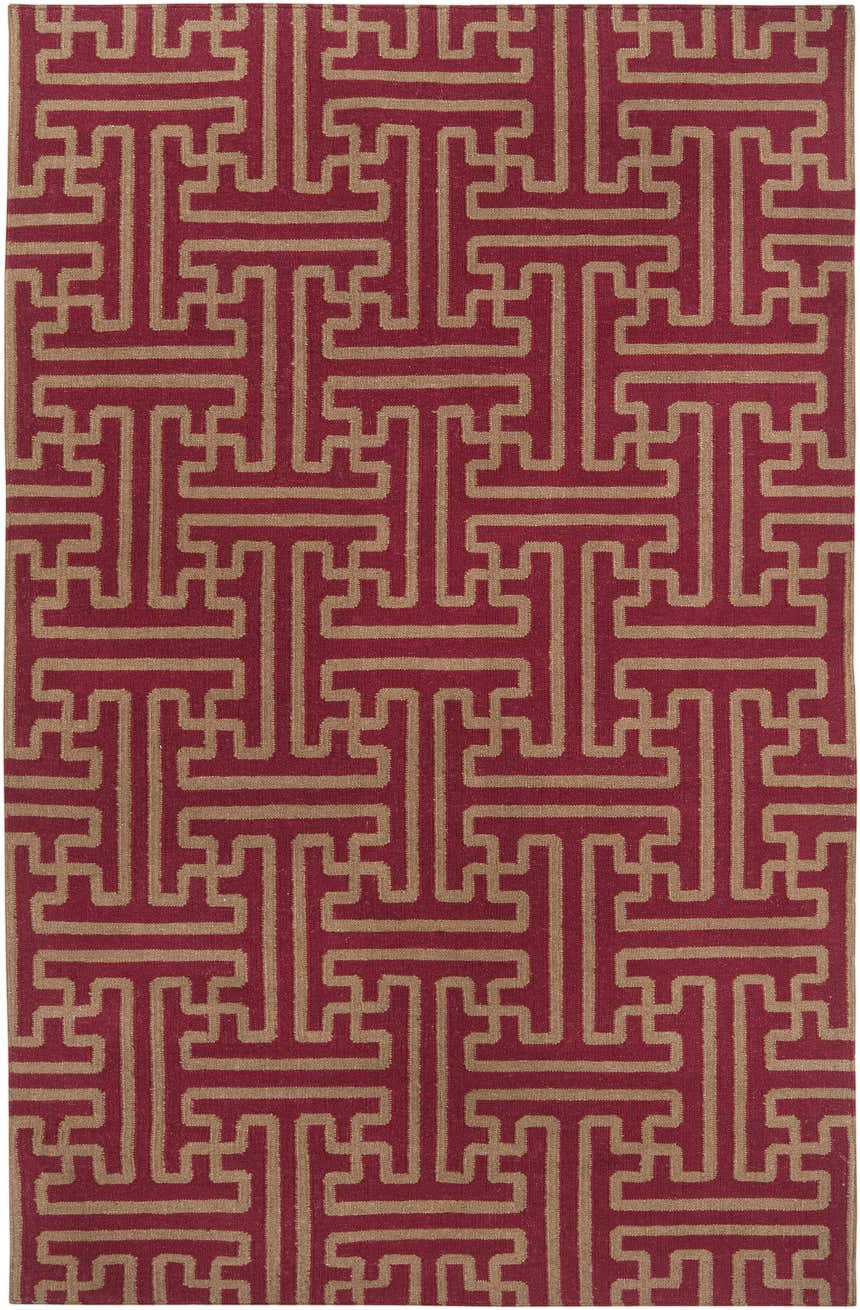 Bentonville Area Carpet, brick red wool rug with a tan geometric maze pattern, hand woven. Design-Rectangle-58