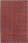 Bentonville Area Carpet, brick red wool rug with a tan geometric maze pattern, hand woven. Design-Rectangle-58