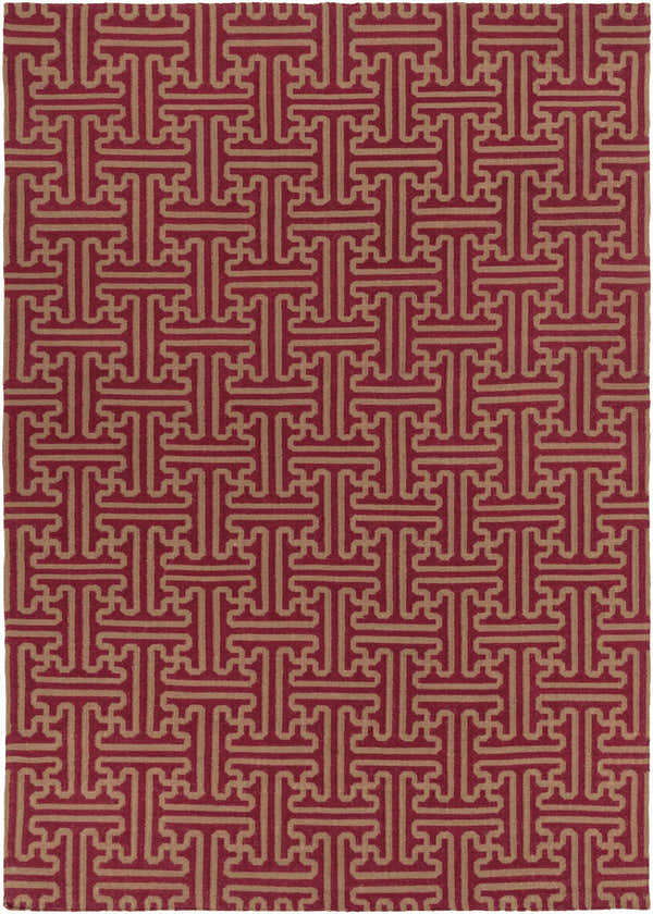 Close-up of the Bentonville Area Carpet. Hand-woven wool rug in brick red and tan with a geometric T-shaped pattern. Design-Rectangle-913