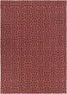 Close-up of the Bentonville Area Carpet. Hand-woven wool rug in brick red and tan with a geometric T-shaped pattern. Design-Rectangle-913